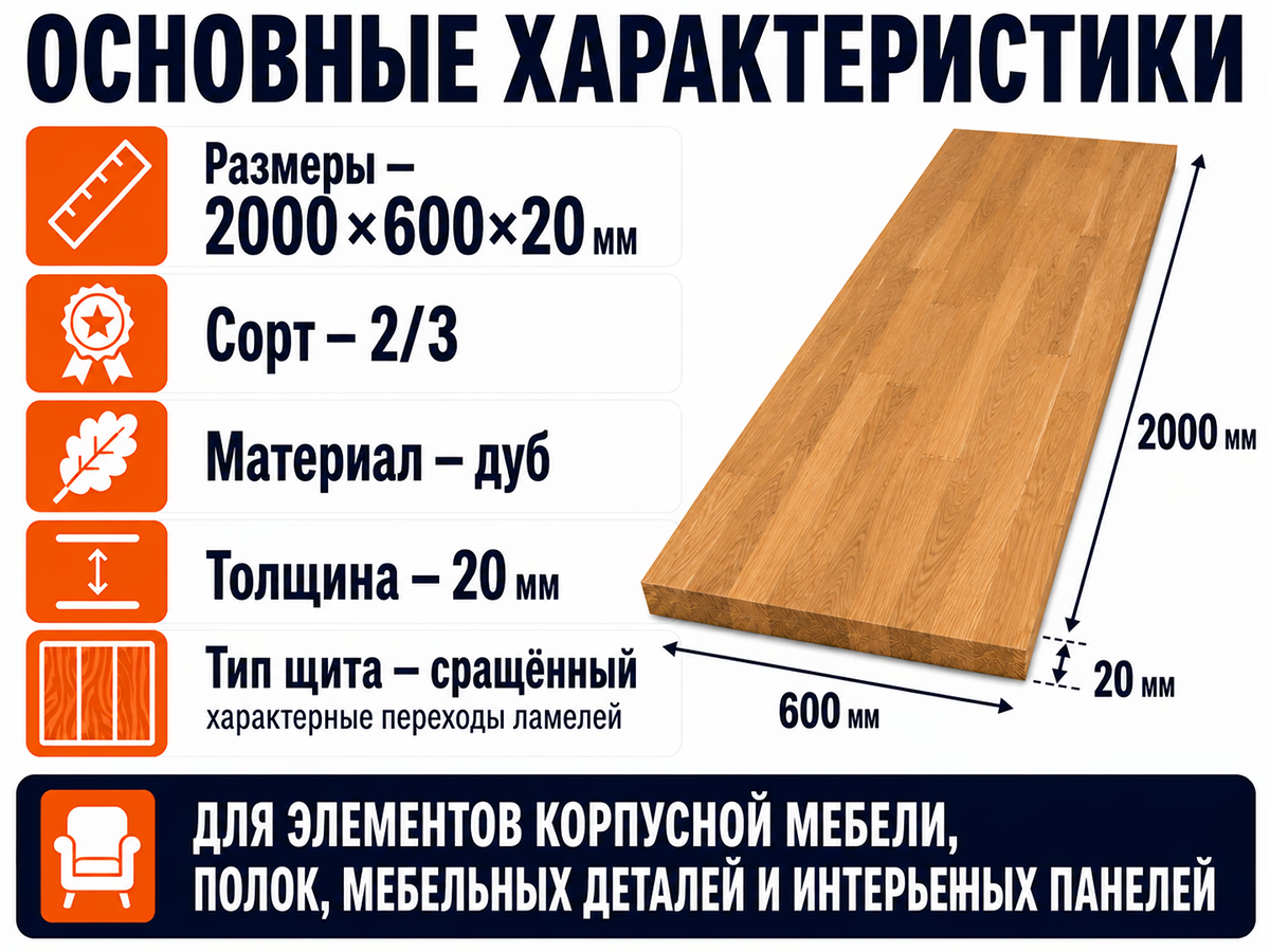 Мебельный щит из дуба сращённый, 2000×600×20 мм, сорт 2/3 фото 2