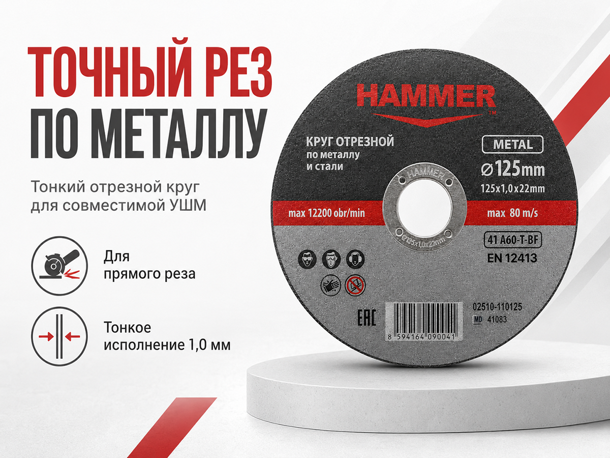 Круг отрезной по металлу HAMMER 02510-110125, 125×1,0×22 мм