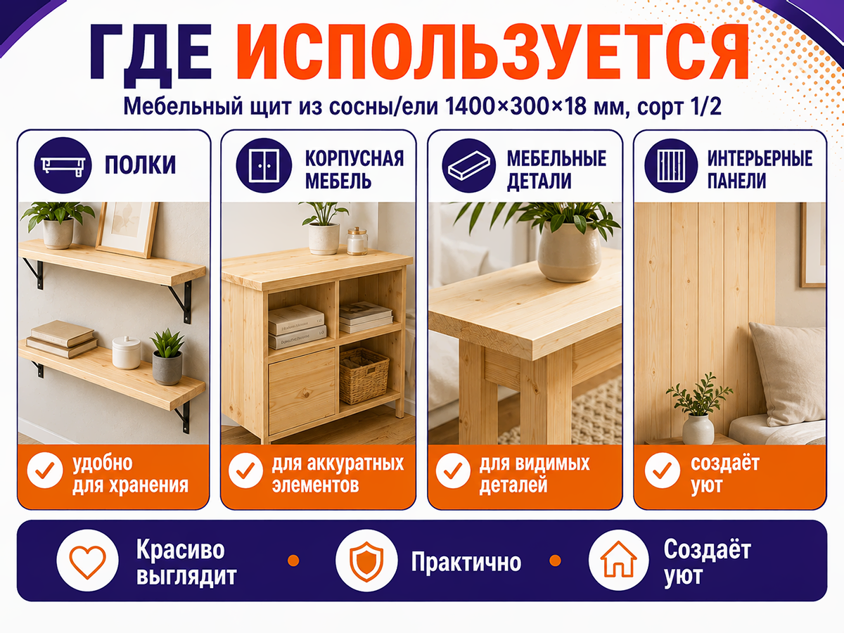 Мебельный щит из сосны/ели 1400×300×18 мм, сорт 1/2