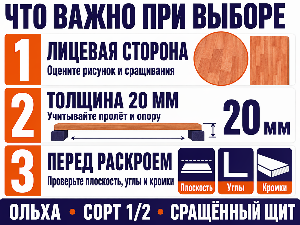Мебельный щит из ольхи 2050×450×20 мм, сорт 1/2, сращённый