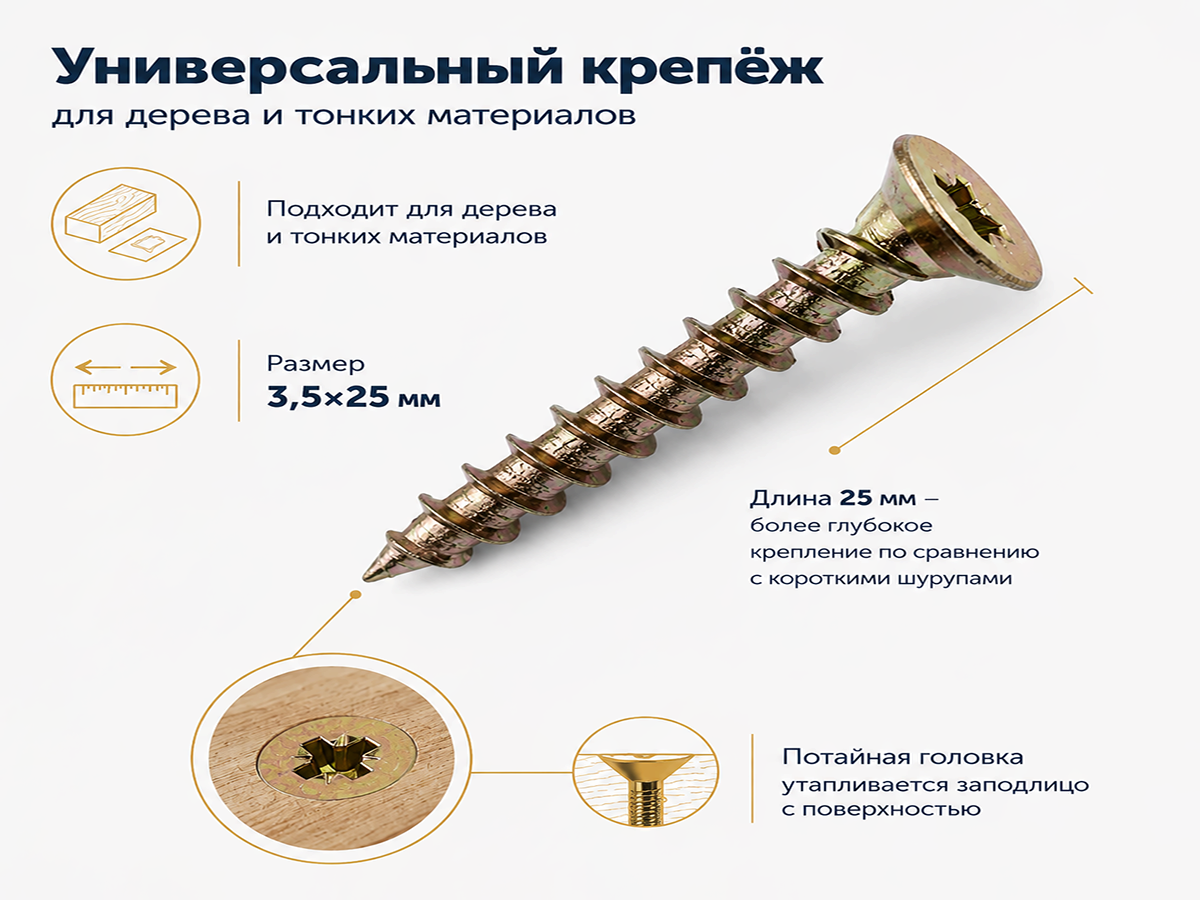 Шуруп универсальный 3,5*25 жёлтый цинк (50шт/уп.)
