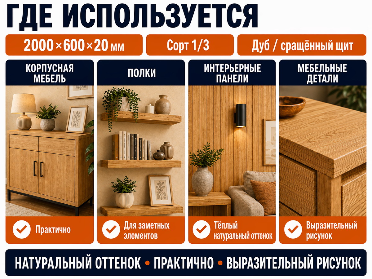 Мебельный щит из дуба сращённый, 2000×600×20 мм, сорт 1/3 фото 3