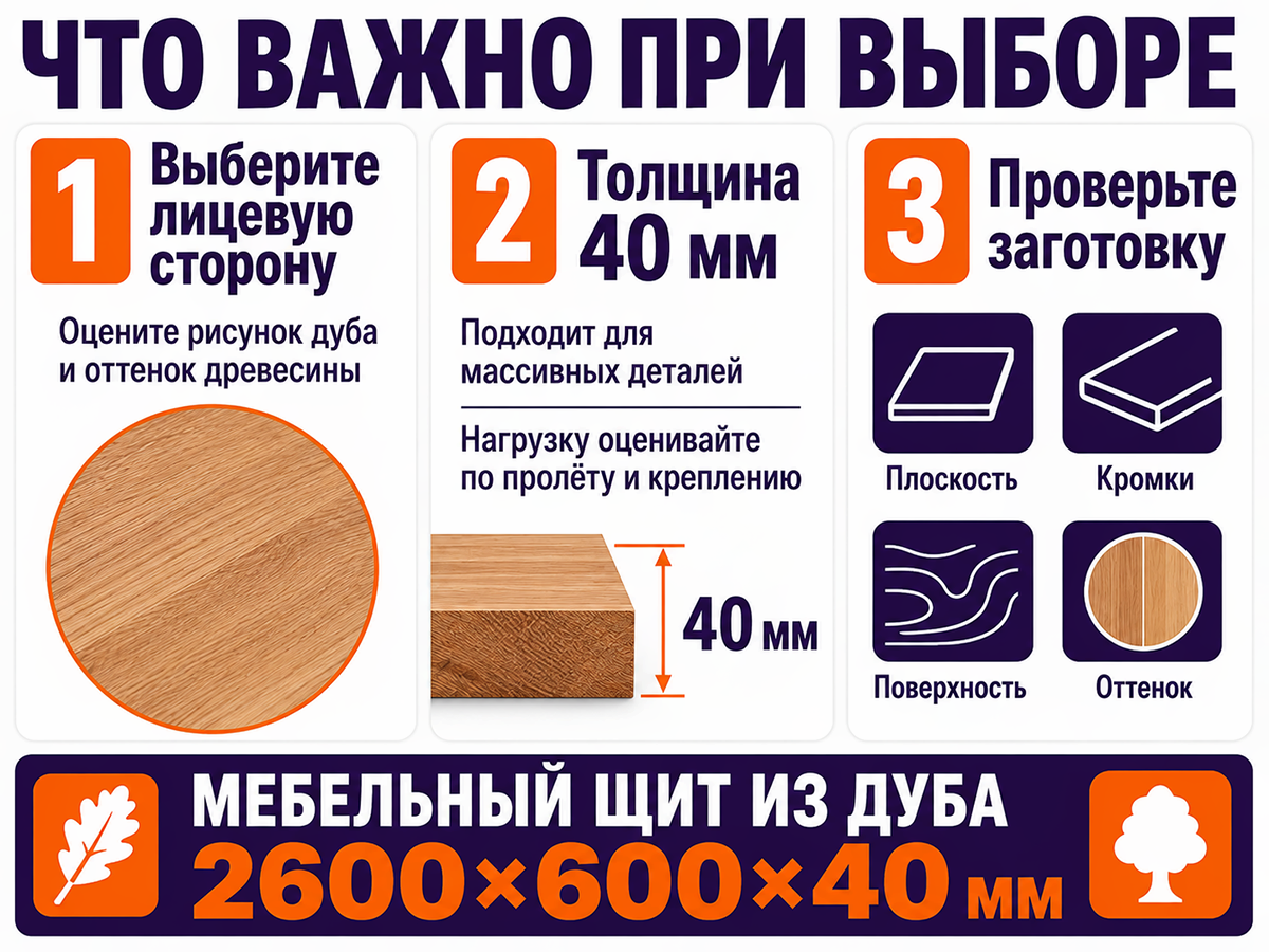 Мебельный щит из дуба 2600×600×40 мм, сорт 2/3, цельноламельный фото 4