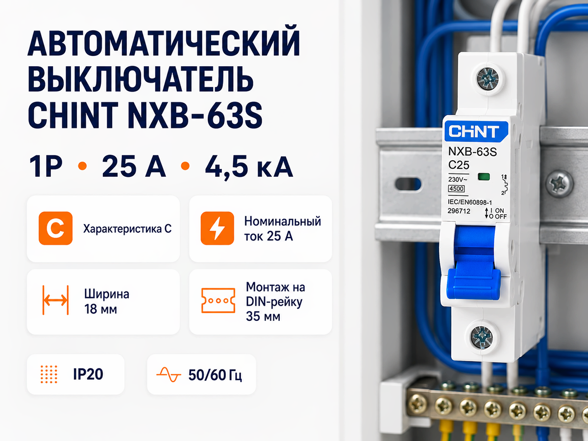 CHINT автоматический выключатель NXB 63S, 1P, 25 А, C, 4,5 кА фото 6