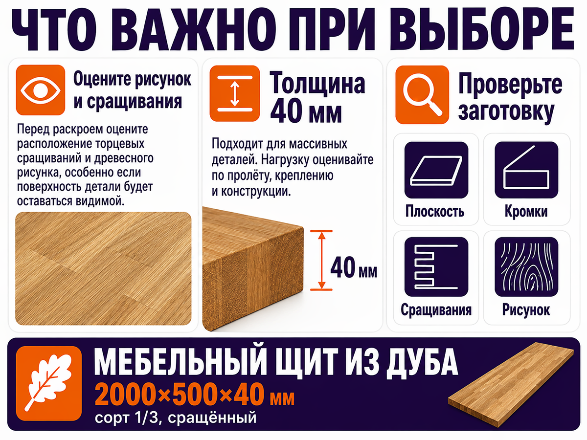 Мебельный щит из дуба сращённый, 2000×500×40 мм, сорт 1/3 фото 5