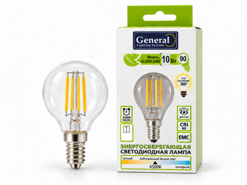 Лампа светодиодная General GLDEN G45S, 10 Вт, E14, 4500 К