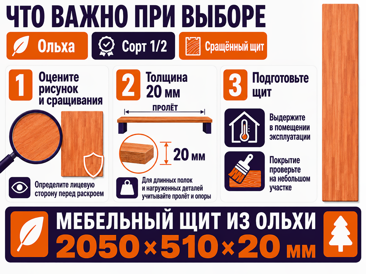 Мебельный щит из ольхи 2050×510×20 мм, сорт 1/2, сращённый фото 5