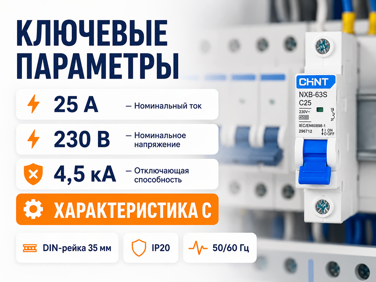 CHINT автоматический выключатель NXB 63S, 1P, 25 А, C, 4,5 кА фото 2