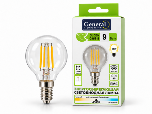 Лампа светодиодная General GLDEN G45S-B, 9 Вт, E14, 4500 К