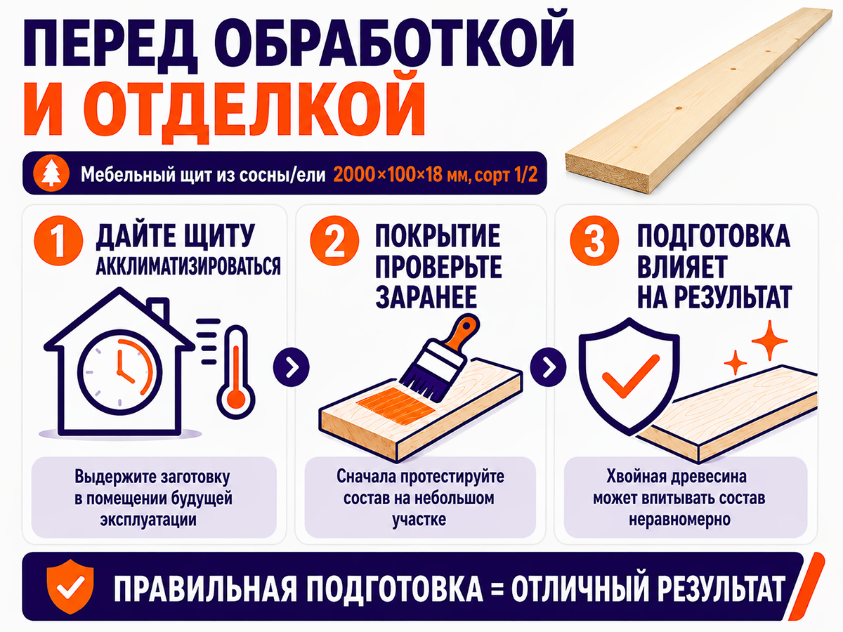 Мебельный щит из сосны/ели 2000×100×18 мм, сорт 1/2