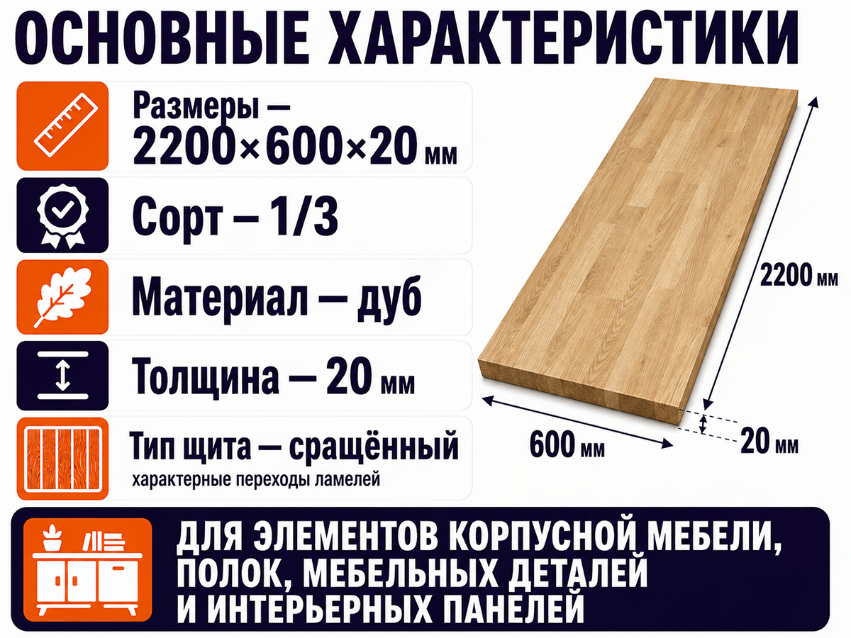 Мебельный щит из дуба сращённый, 2200×600×20 мм, сорт 1/3 фото 2