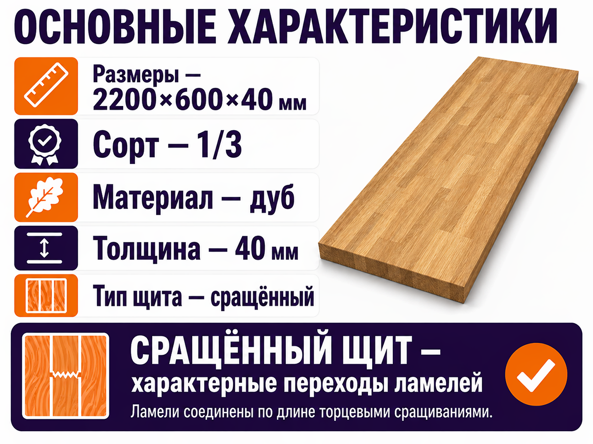 Мебельный щит из дуба сращённый, 2200×600×40 мм, сорт 1/3 фото 2