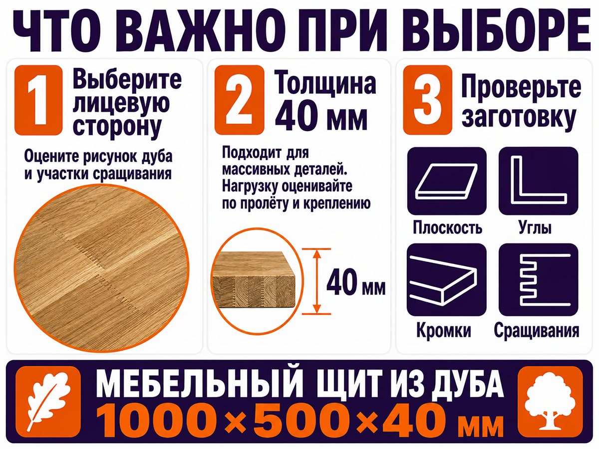 Мебельный щит из дуба сращённый, 1000×500×40 мм, сорт 3/3 фото 5