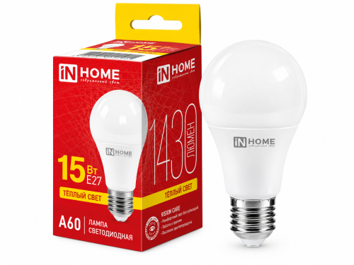 IN HOME лампа светодиодная LED-A60-VC, 15 Вт, 230 В, E27, 3000 K, 1430 лм
