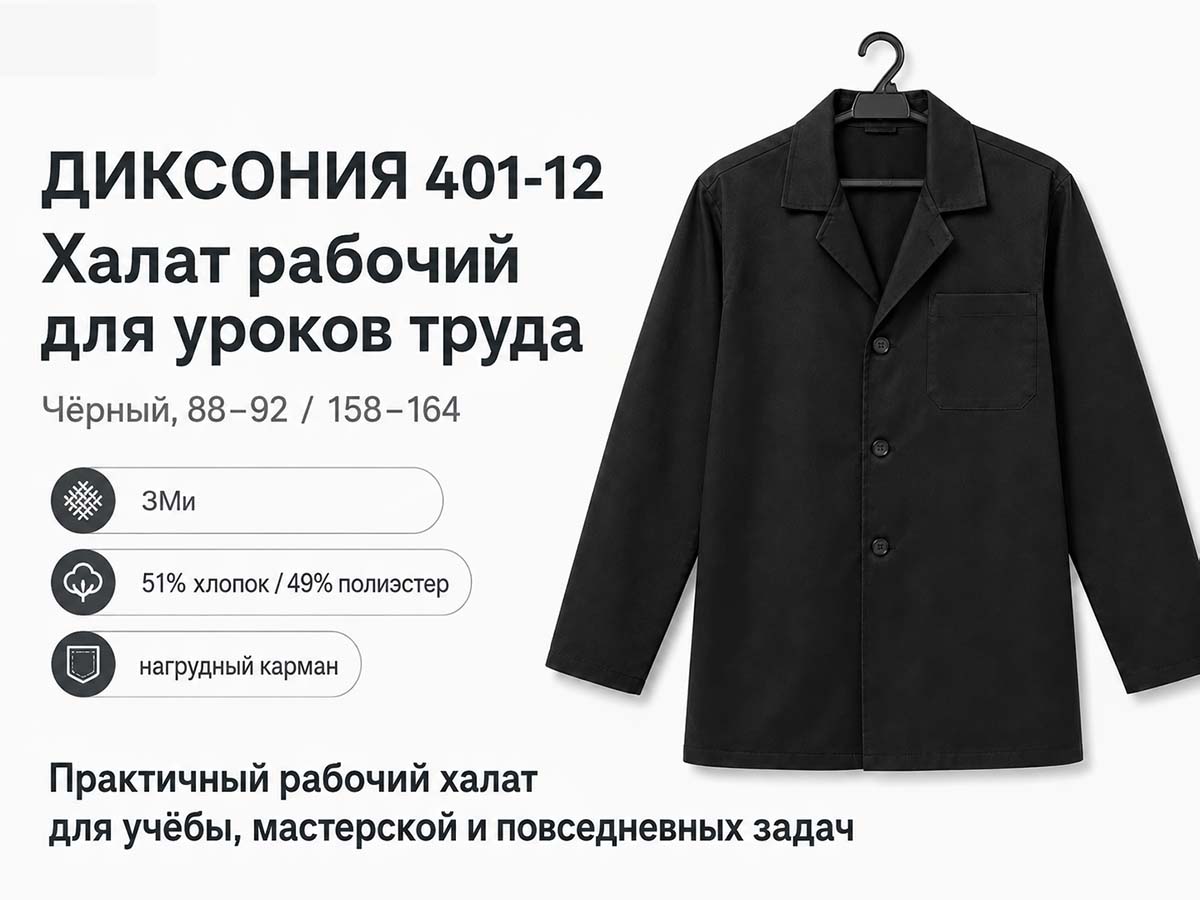Халат рабочий ДИКСОНИЯ 401-12 для уроков труда ЗМи, чёрный, 88–92/158–164