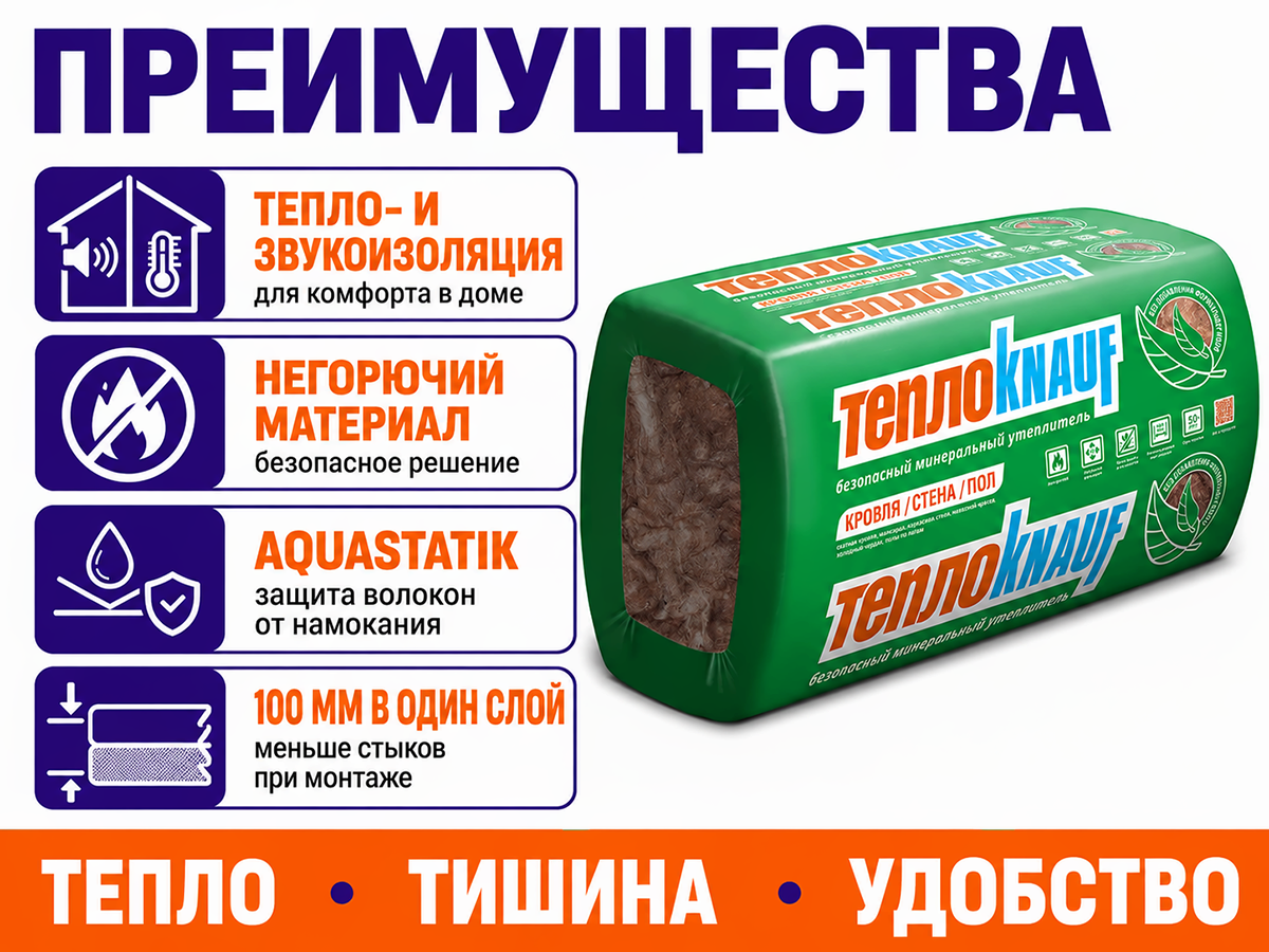 Утеплитель KNAUF ТеплоКНАУФ для Коттеджа 1230×610×100 мм, 8 плит фото 2