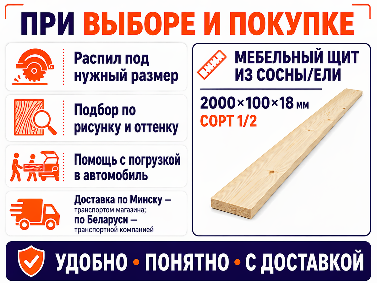 Мебельный щит из сосны/ели 2000×100×18 мм, сорт 1/2