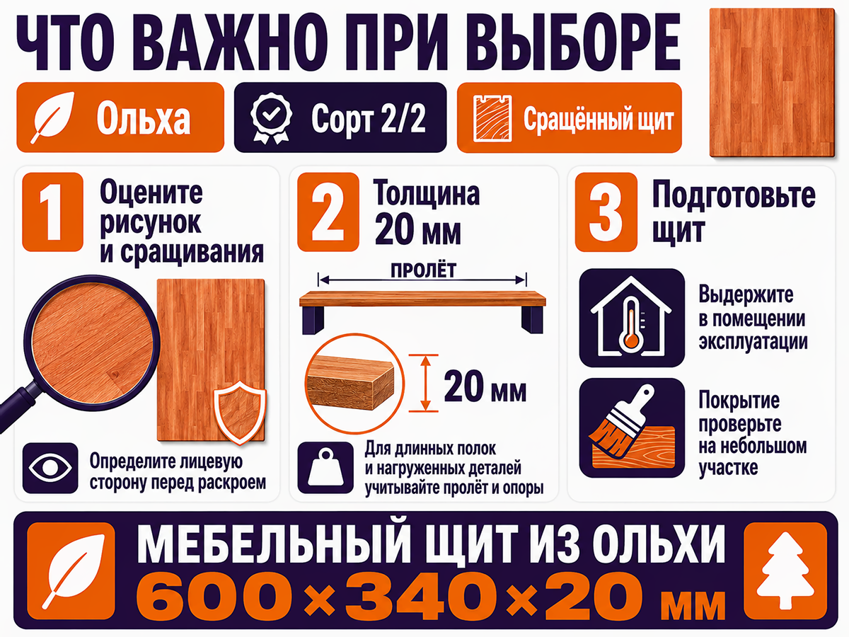 Мебельный щит из ольхи 600×340×20 мм, сорт 2/2, сращённый фото 4