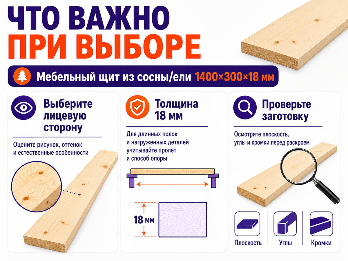 Мебельный щит из сосны/ели 1400×300×18 мм, сорт 1/2
