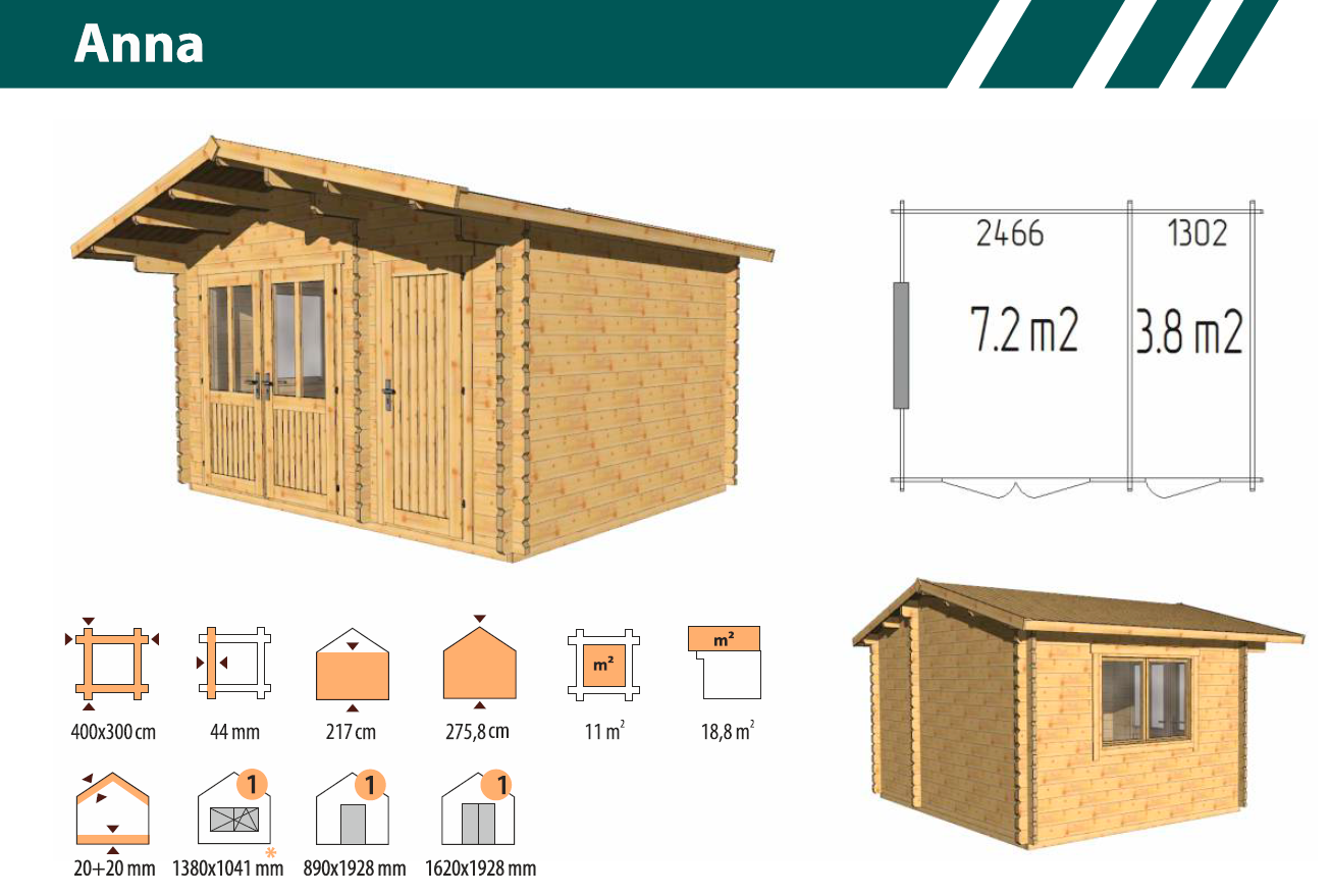 Садовый домик Анна 3x4, толщина 44 мм (готовая комплектация)