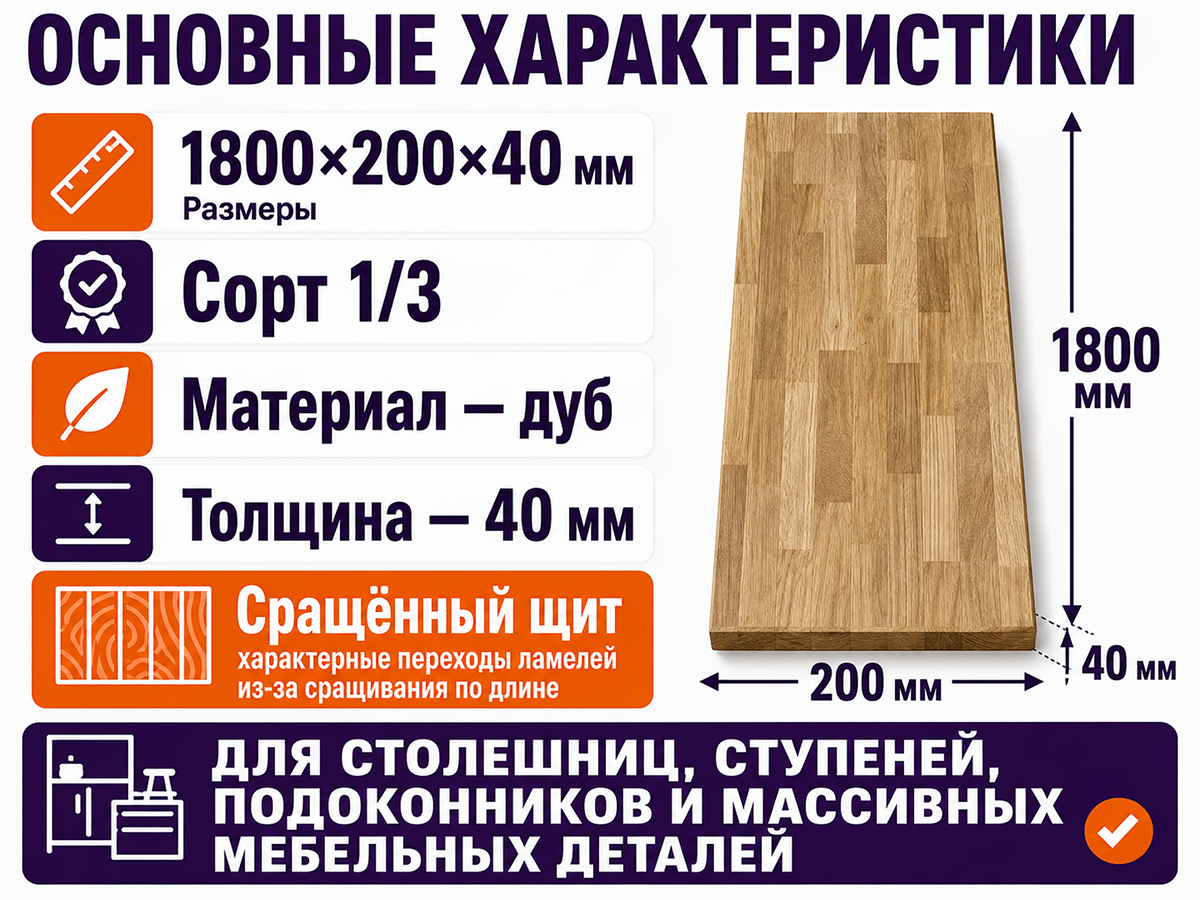Мебельный щит из дуба сращённый, 1800×200×40 мм, сорт 1/3 фото 2