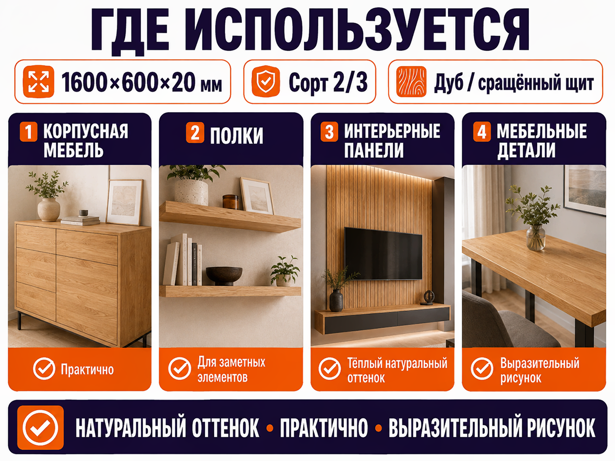 Мебельный щит из дуба сращённый, 1600×600×20 мм, сорт 2/3 фото 3