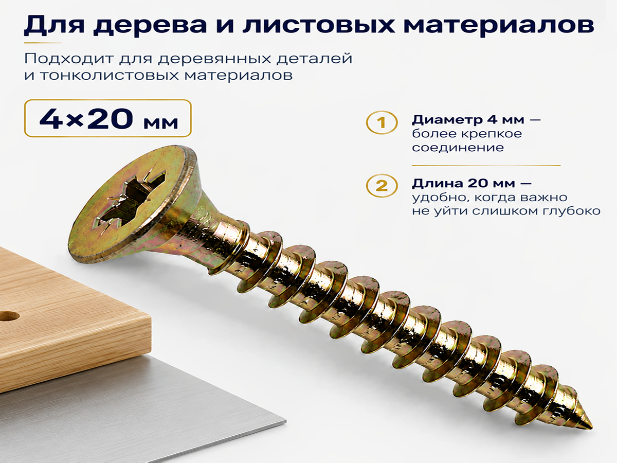Шуруп универсальный 4,0*20 жёлтый цинк (50шт/уп.) 