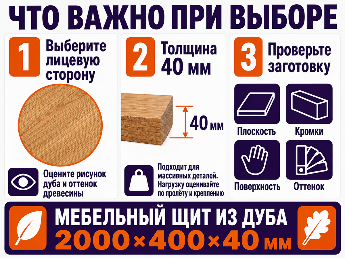Мебельный щит из дуба 2000×400×40 мм, сорт 2/3, цельноламельный фото 4