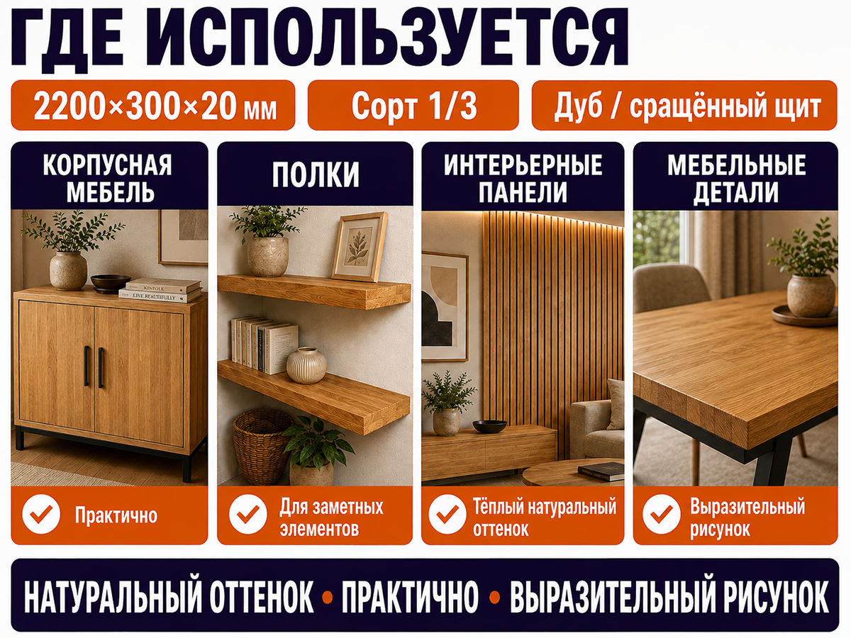 Мебельный щит из дуба сращённый, 2200×300×20 мм, сорт 1/3 фото 3