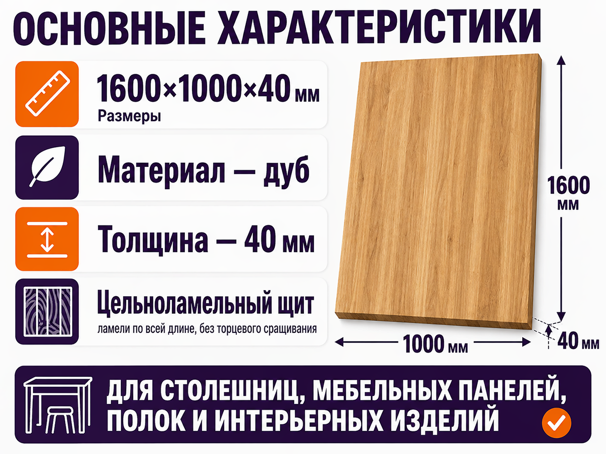 Мебельный щит из дуба цельноламельный, 1600×1000×40 мм фото 2