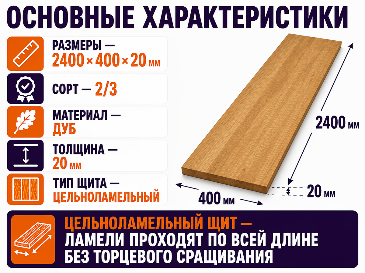 Мебельный щит из дуба 2400×400×20 мм, сорт 2/3, цельноламельный фото 2