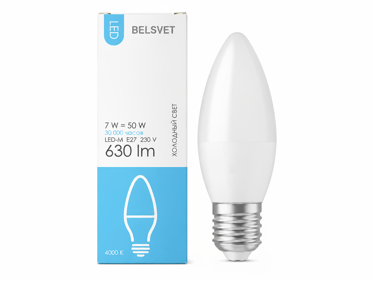 Белсвет лампа светодиодная LED M C37, 7 Вт, E27, 4000 K
