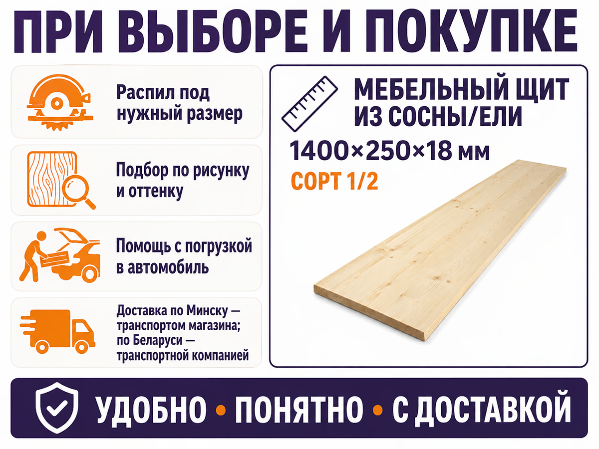 Мебельный щит из сосны/ели 1400×250×18 мм, сорт 1/2