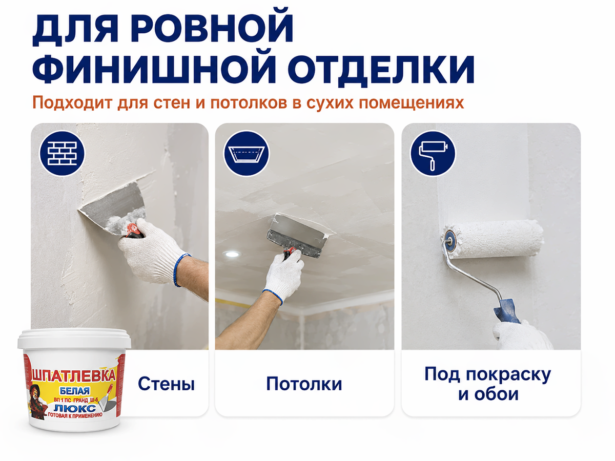 Гранд шпатлёвка белая Ш-5 Люкс ВП1 ПС, готовая, 1 кг фото 3