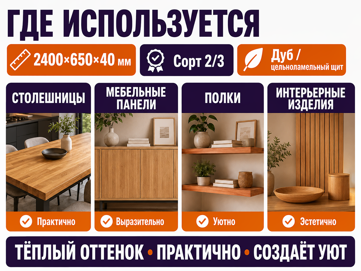 Мебельный щит из дуба цельноламельный, 2400×650×40 мм, сорт 2/3 фото 3