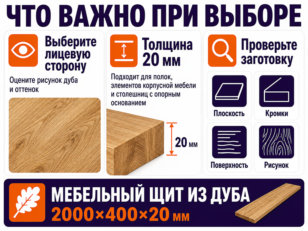 Мебельный щит из дуба 2000×400×20 мм, сорт 2/3, цельноламельный фото 5