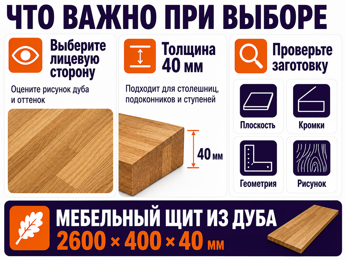 Мебельный щит из дуба 2600×400×40 мм, сорт 2/3, цельноламельный фото 4