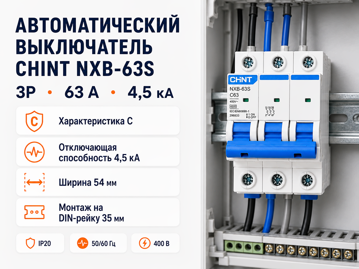 CHINT автоматический выключатель NXB 63S, 3P, 63 А, C, 4,5 кА фото 6
