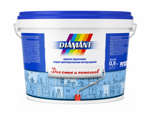Краска акриловая DIAMANT для стен и потолков, белая матовая, 0,9 л