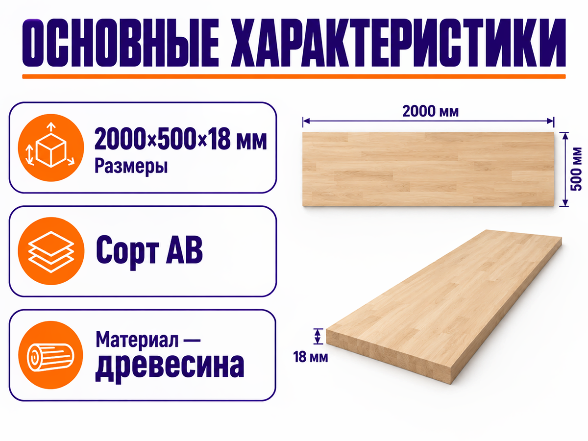 Мебельный щит, 2000×500×18 мм, сорт AB фото 2