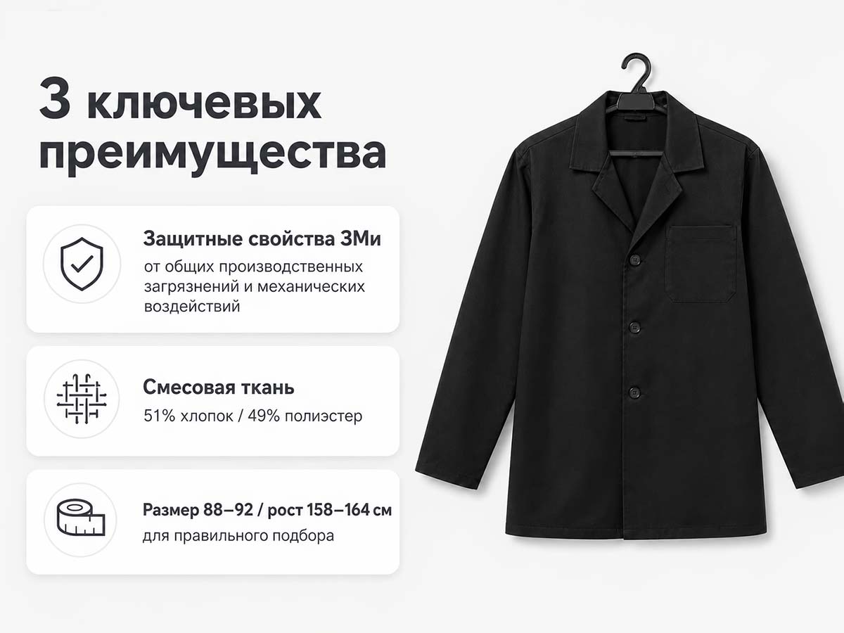 Халат рабочий ДИКСОНИЯ 401-12 для уроков труда ЗМи, чёрный, 88–92/158–164