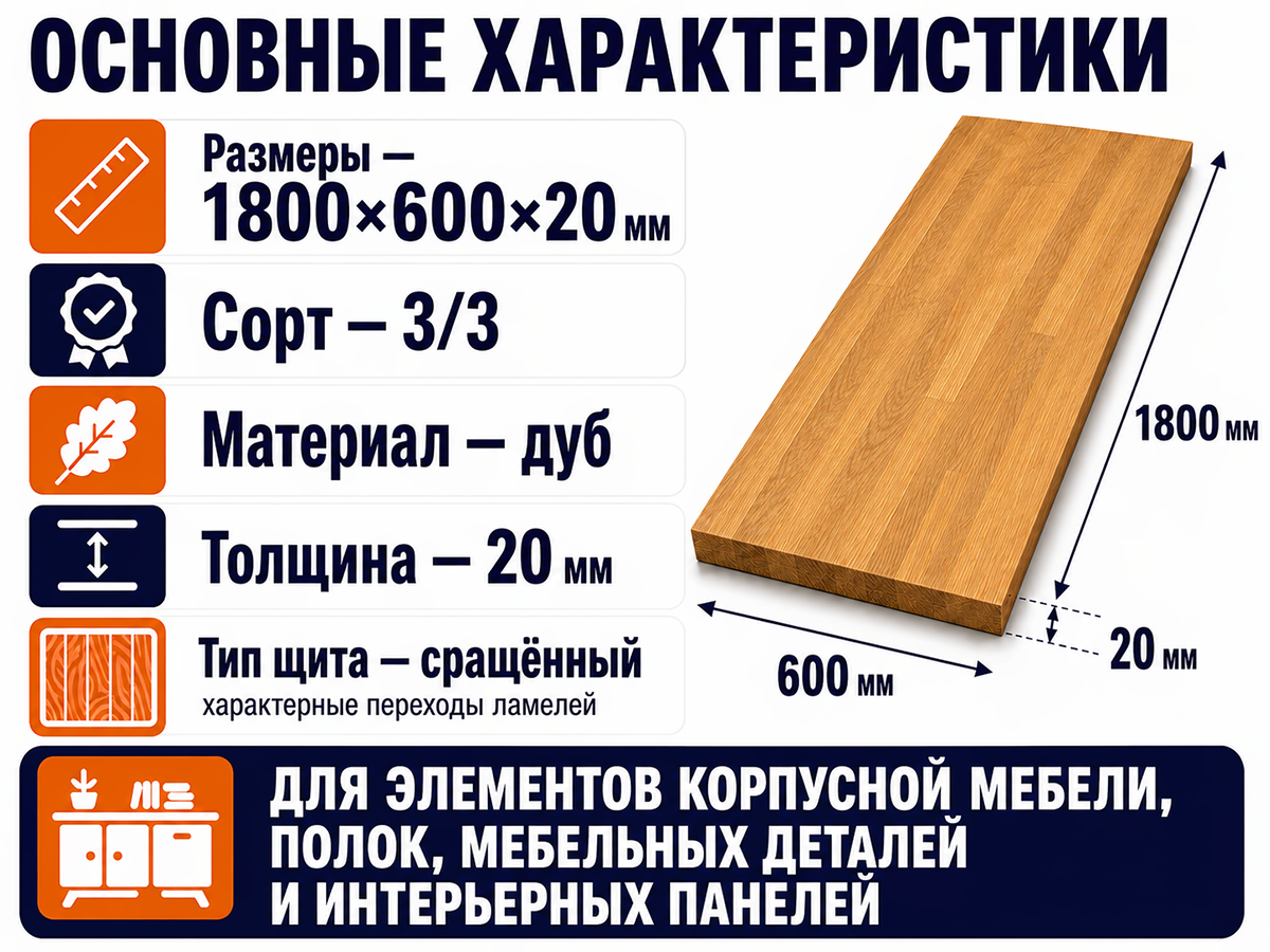Мебельный щит из дуба сращённый, 1800×600×20 мм, сорт 3/3 фото 2