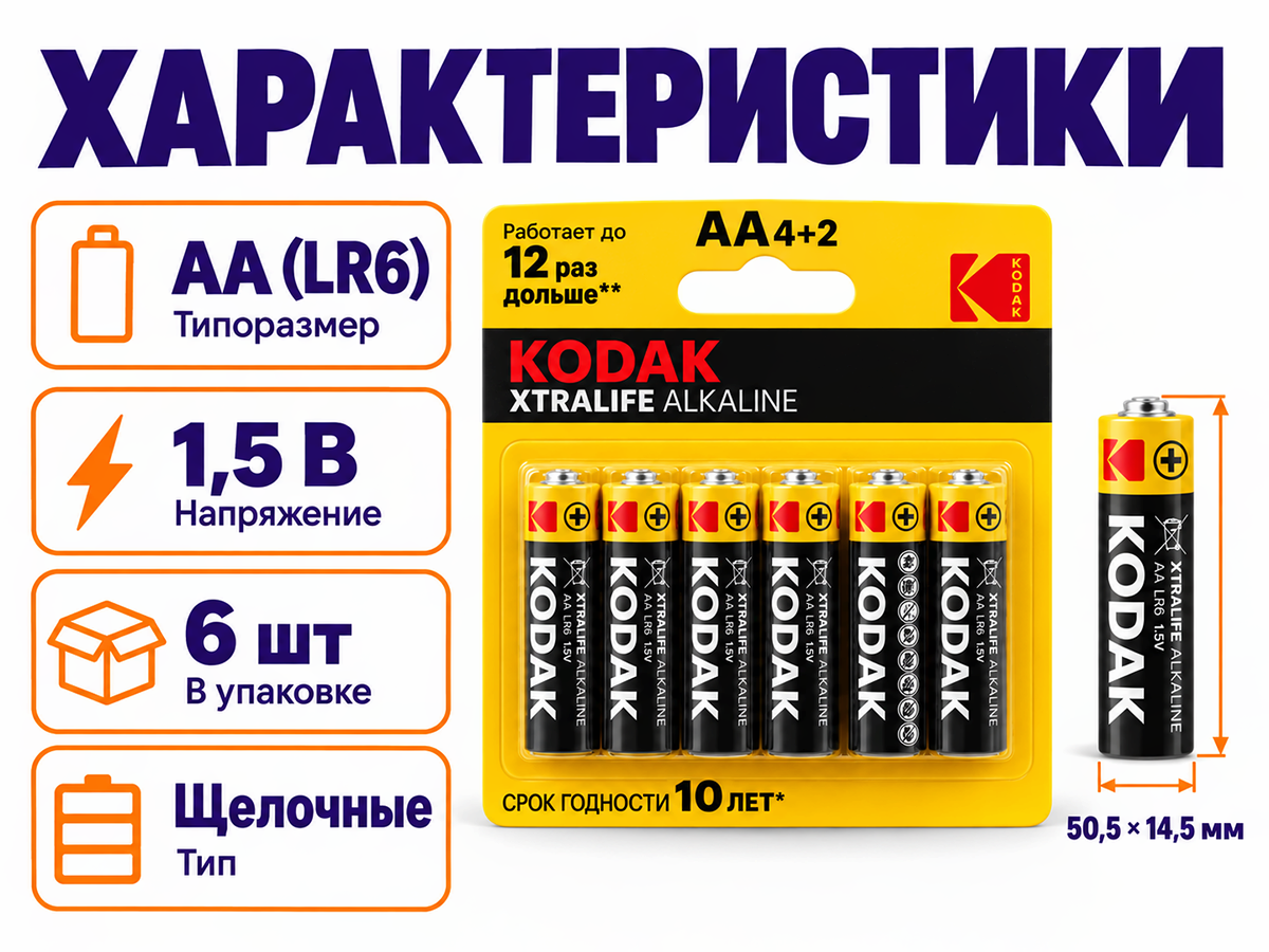 Kodak батарейки Xtralife AA (LR6), 1,5 В, 6 шт фото 2