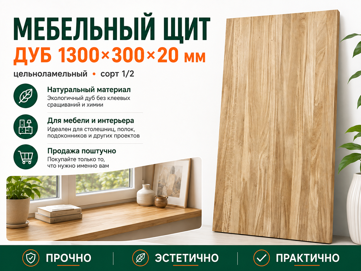 Мебельный щит из дуба 1300×300×20 мм, цельноламельный, сорт 1/2