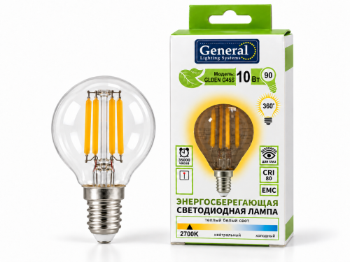 Лампа светодиодная General GLDEN G45S, 10 Вт, E14, 2700 К