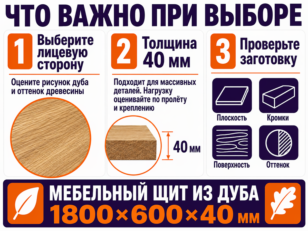 Мебельный щит из дуба 1800×600×40 мм, сорт 2/3, цельноламельный фото 5