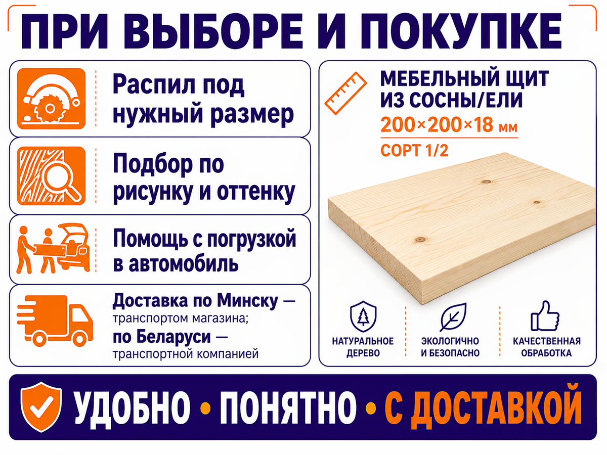 Мебельный щит из сосны/ели 200×200×18 мм, сорт 1/2