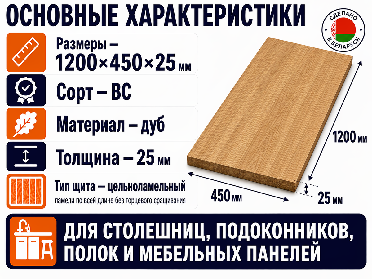Мебельный щит из дуба цельноламельный, 1200×450×25 мм, сорт ВС фото 2