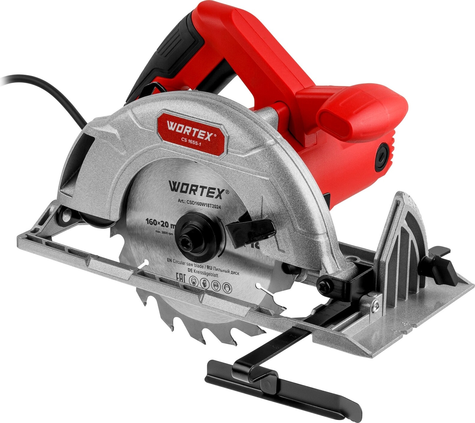 Циркулярная пила WORTEX CS 1655-1 в кор. 1200 Вт, 160 мм, пропил до 55 мм, алюм. подошва, арт.1333551