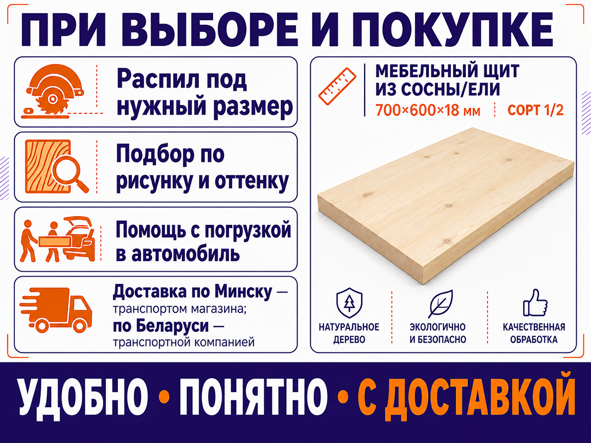 Мебельный щит из сосны/ели 700×600×18 мм, сорт 1/2